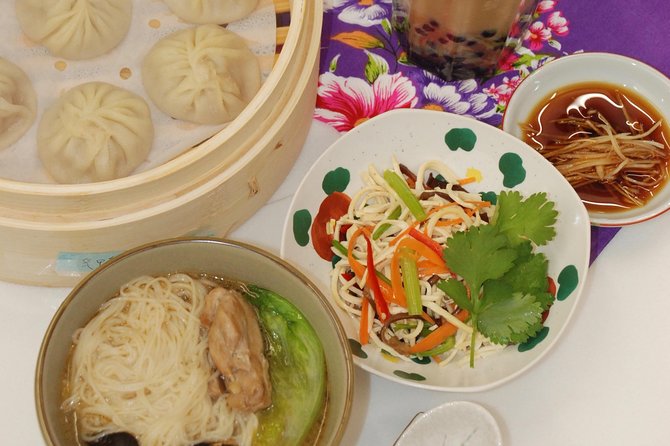 Xiao Long Bao, Chicken vermicelli with mushroom and sesame oil, Tofu strips salad, Bubble milk tea. Taiwan Traditional Delicacies Experience-A (Taipei Cooking Class) - Finding the kitchen on Guangfu South Road